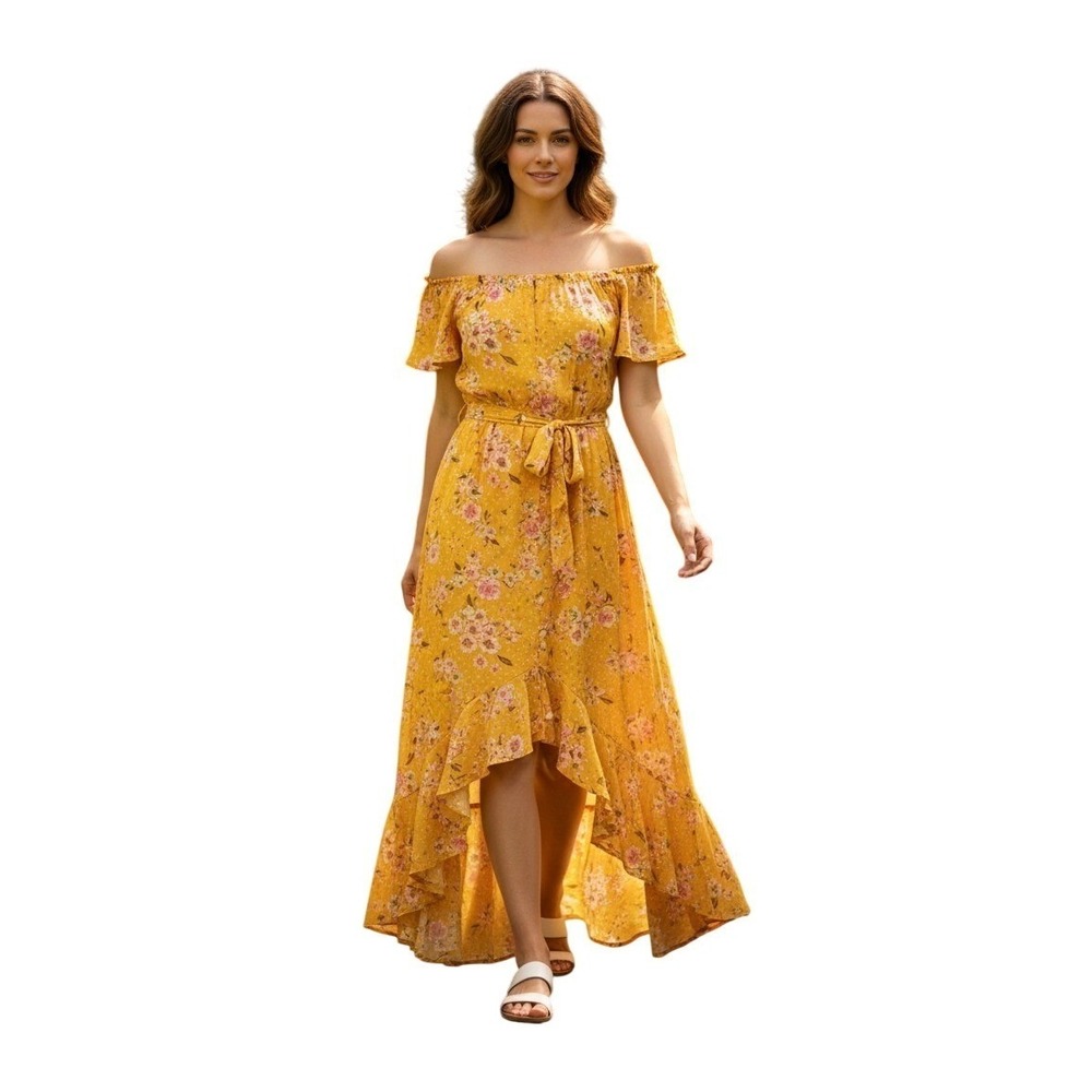 Able the Label Yellow Floral Off The Shoulder Midi‎ Dress XS